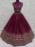 Astonishing Burgundy Thread Work Satin Bridal Lehenga Choli