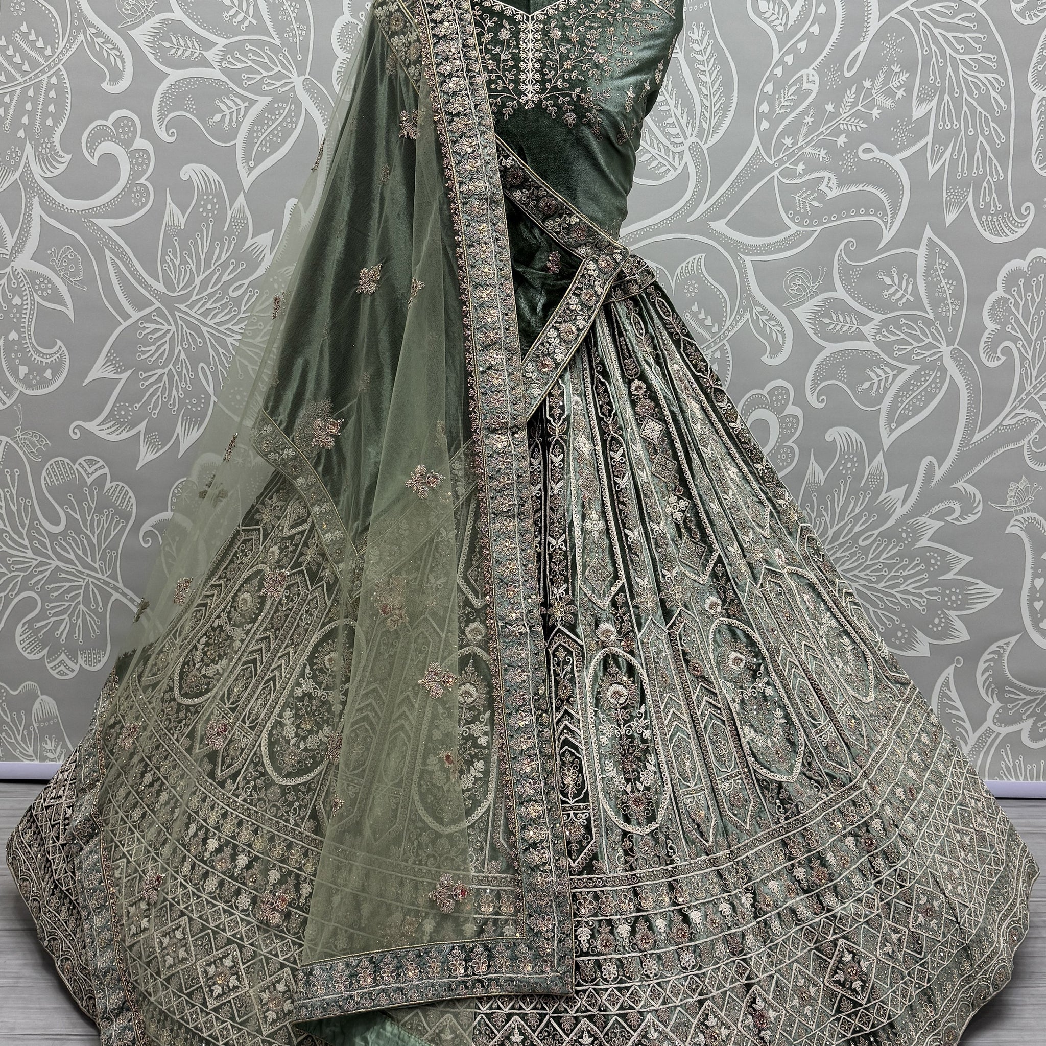 Charming Green Velvet Bridal Lehenga Choli With Double Dupatta