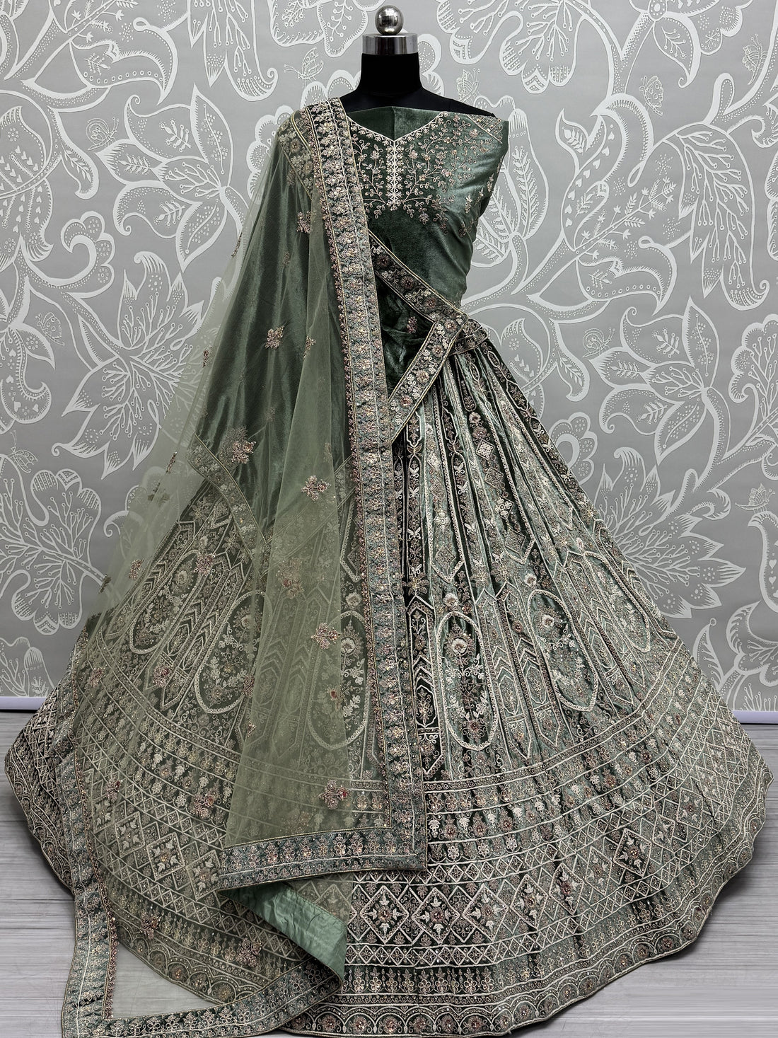 Charming Green Velvet Bridal Lehenga Choli With Double Dupatta