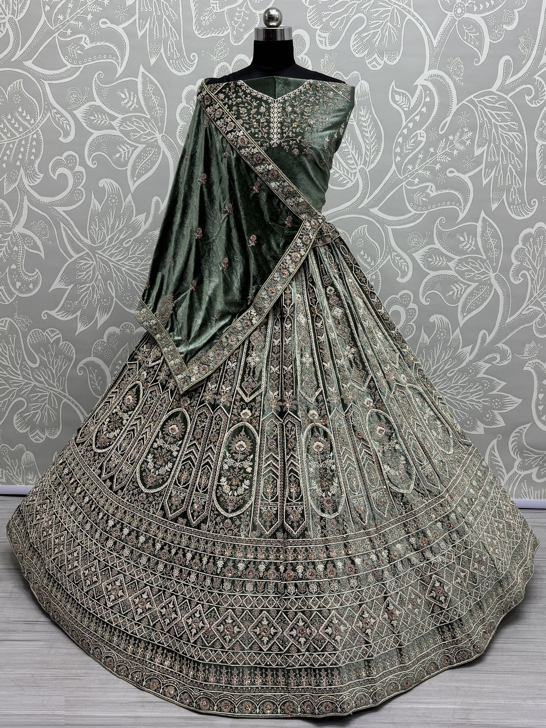Charming Green Velvet Bridal Lehenga Choli With Double Dupatta