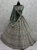Charming Green Velvet Bridal Lehenga Choli With Double Dupatta