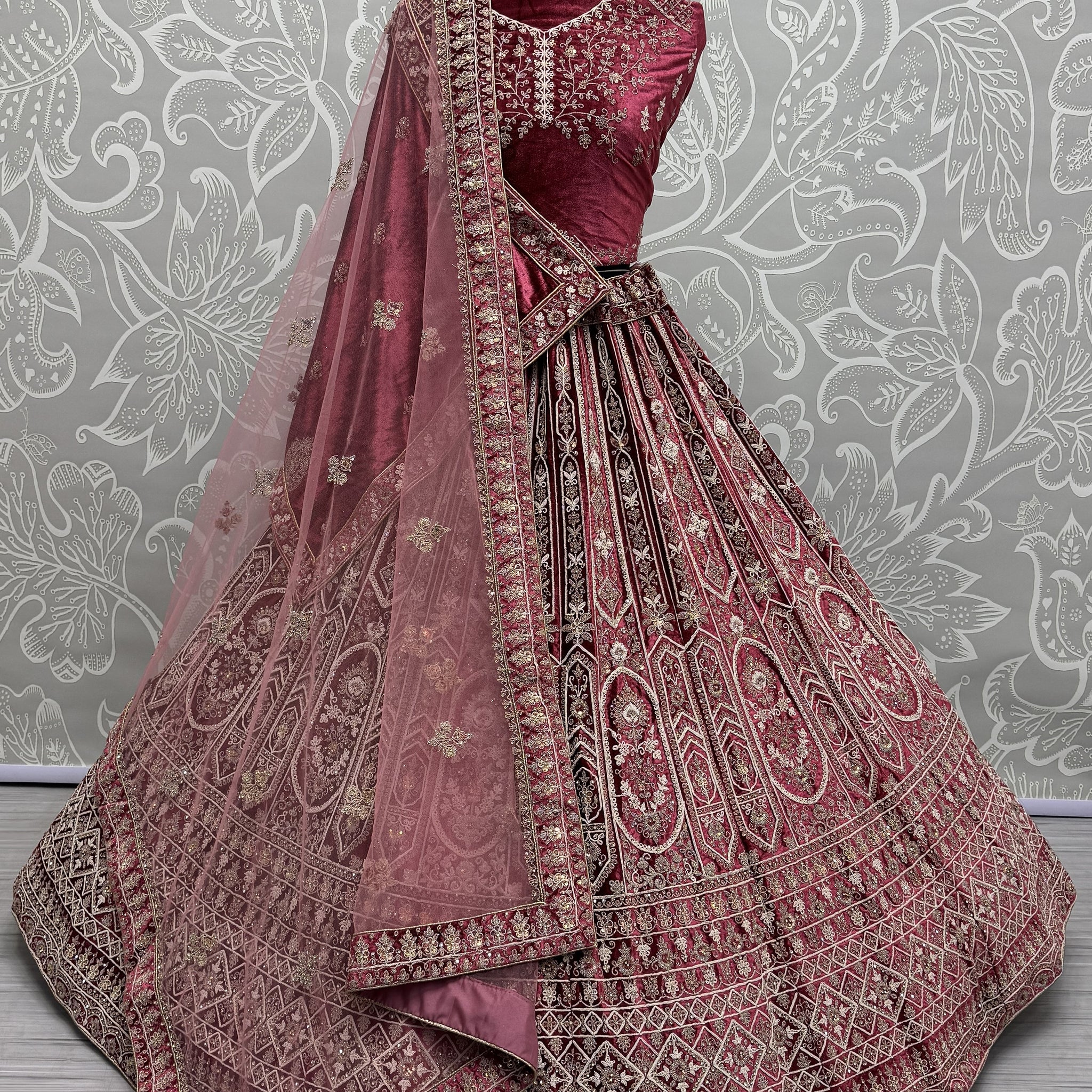 Alluring Red Dori Work Velvet Bridal Lehenga Choli With Double Dupatta