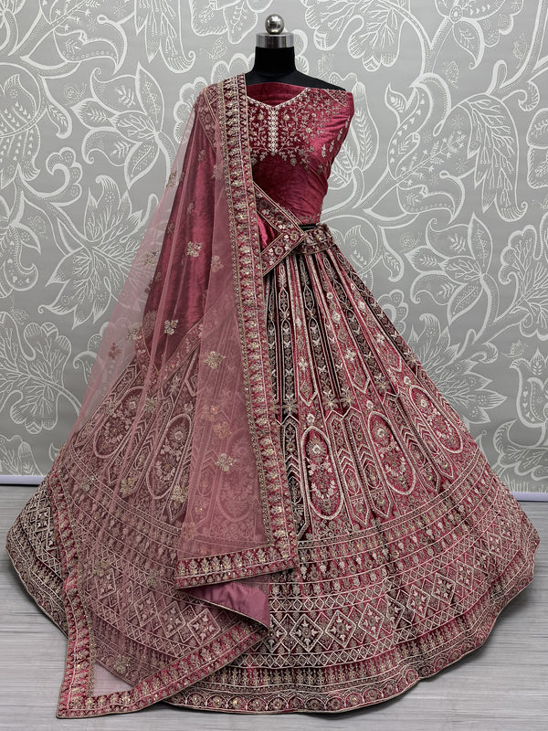 Alluring Red Dori Work Velvet Bridal Lehenga Choli With Double Dupatta
