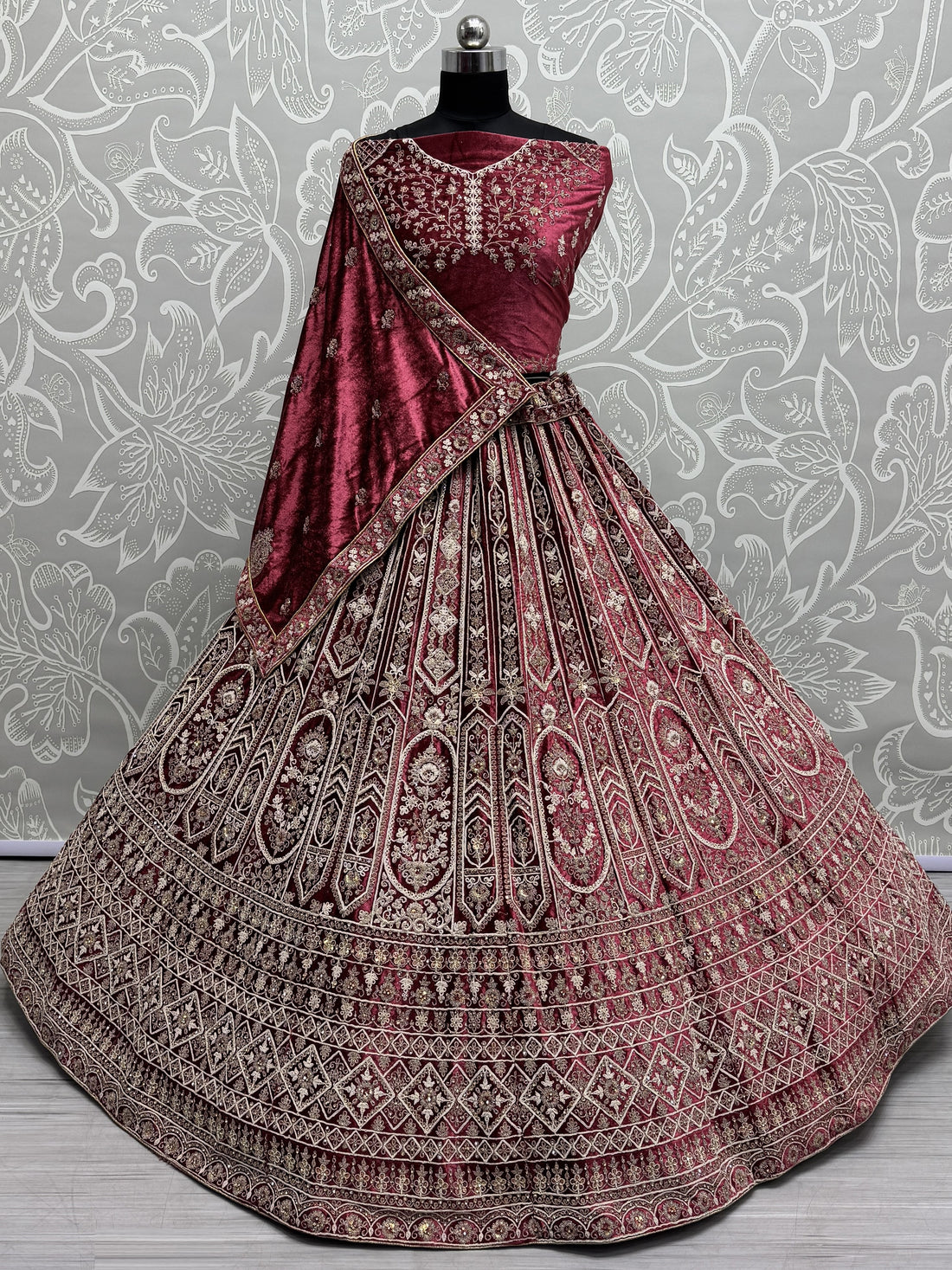 Alluring Red Dori Work Velvet Bridal Lehenga Choli With Double Dupatta