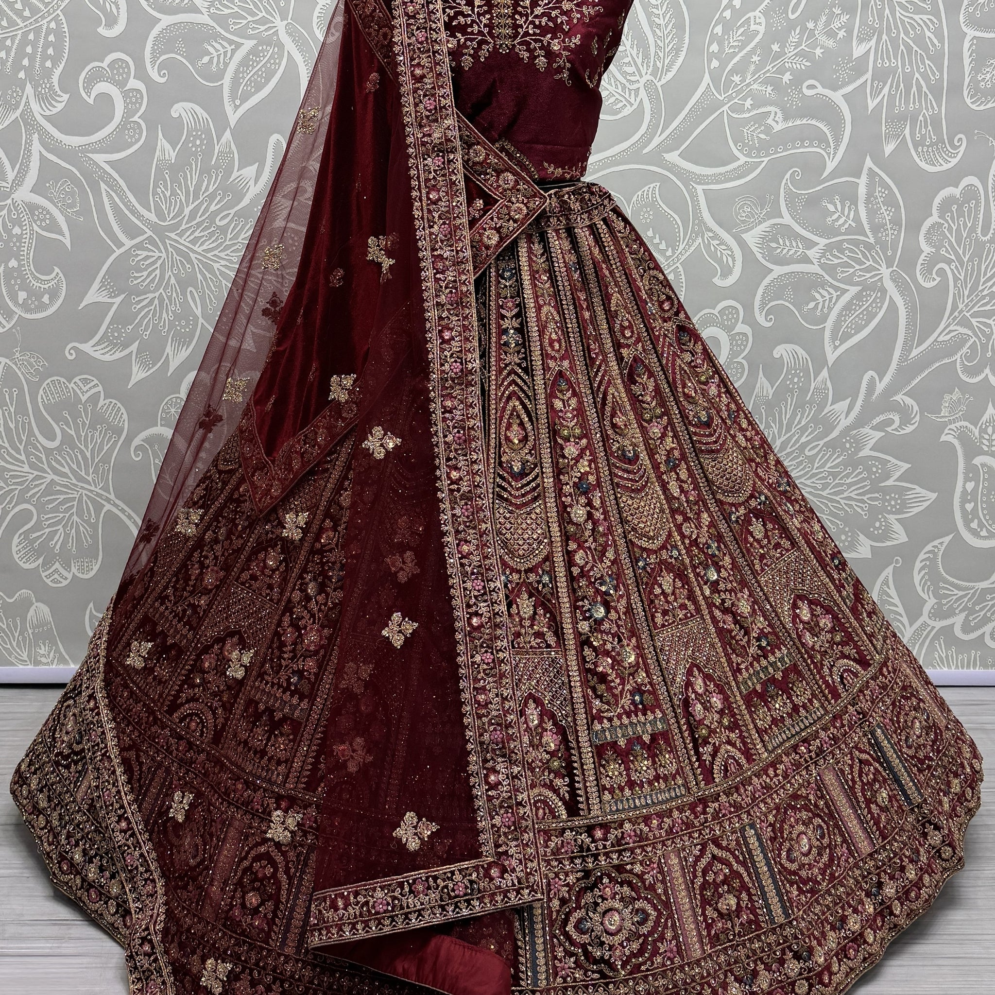 Magnetic Maroon Thread Work Bridal Lehenga Choli With Double Dupatta