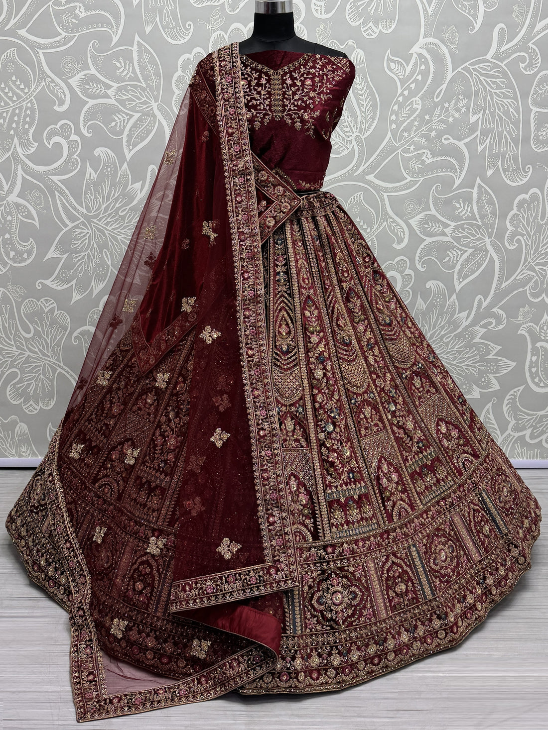 Magnetic Maroon Thread Work Bridal Lehenga Choli With Double Dupatta
