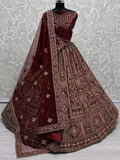 Magnetic Maroon Thread Work Bridal Lehenga Choli With Double Dupatta