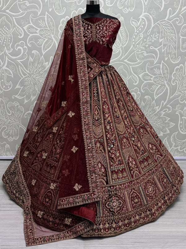 Magnetic Maroon Thread Work Bridal Lehenga Choli With Double Dupatta