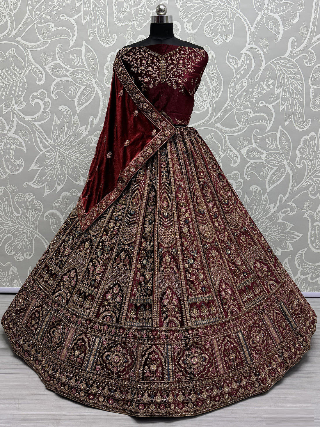 Magnetic Maroon Thread Work Bridal Lehenga Choli With Double Dupatta