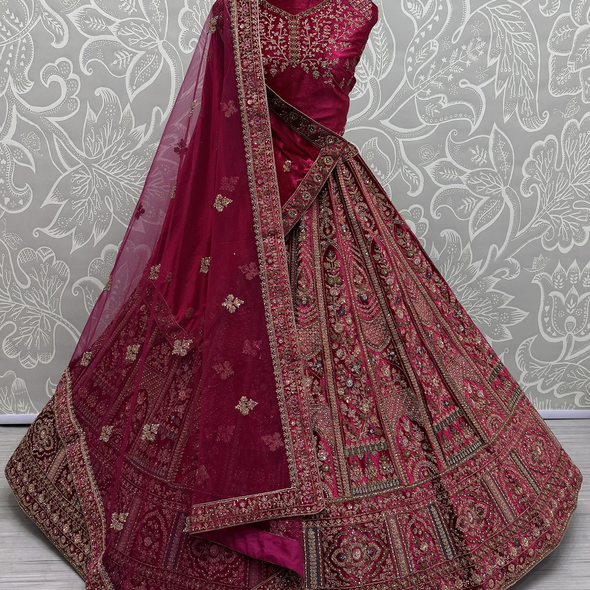 Attractive Rani Pink Velvet Bridal Lehenga Choli With Double Dupatta