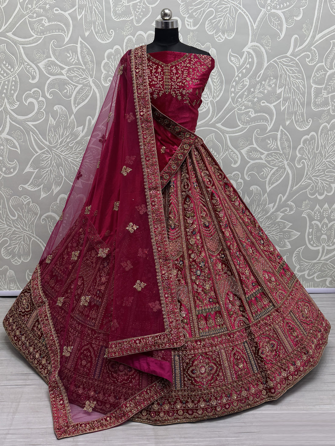 Attractive Rani Pink Velvet Bridal Lehenga Choli With Double Dupatta