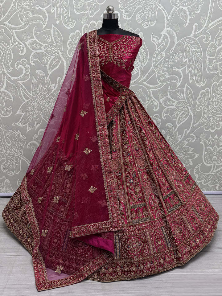 Attractive Rani Pink Velvet Bridal Lehenga Choli With Double Dupatta