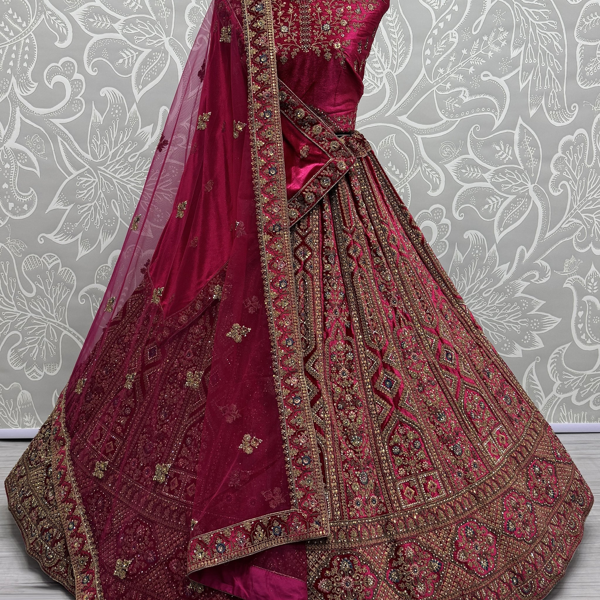 Sweet Pink Dori Work Velvet Bridal Lehenga Choli With Double Dupatta