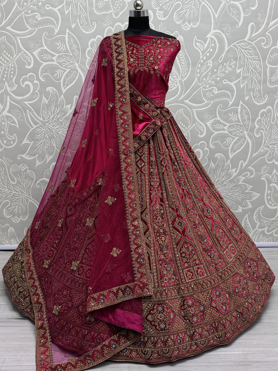 Sweet Pink Dori Work Velvet Bridal Lehenga Choli With Double Dupatta