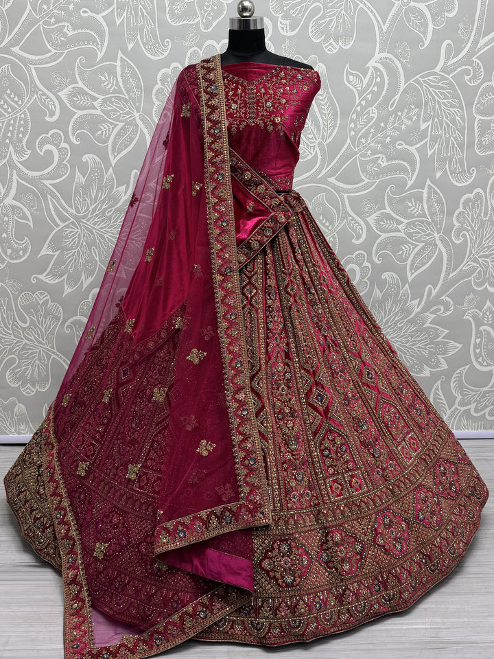 Sweet Pink Dori Work Velvet Bridal Lehenga Choli With Double Dupatta