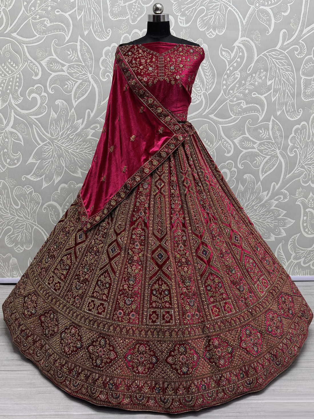 Sweet Pink Dori Work Velvet Bridal Lehenga Choli With Double Dupatta