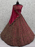 Sweet Pink Dori Work Velvet Bridal Lehenga Choli With Double Dupatta