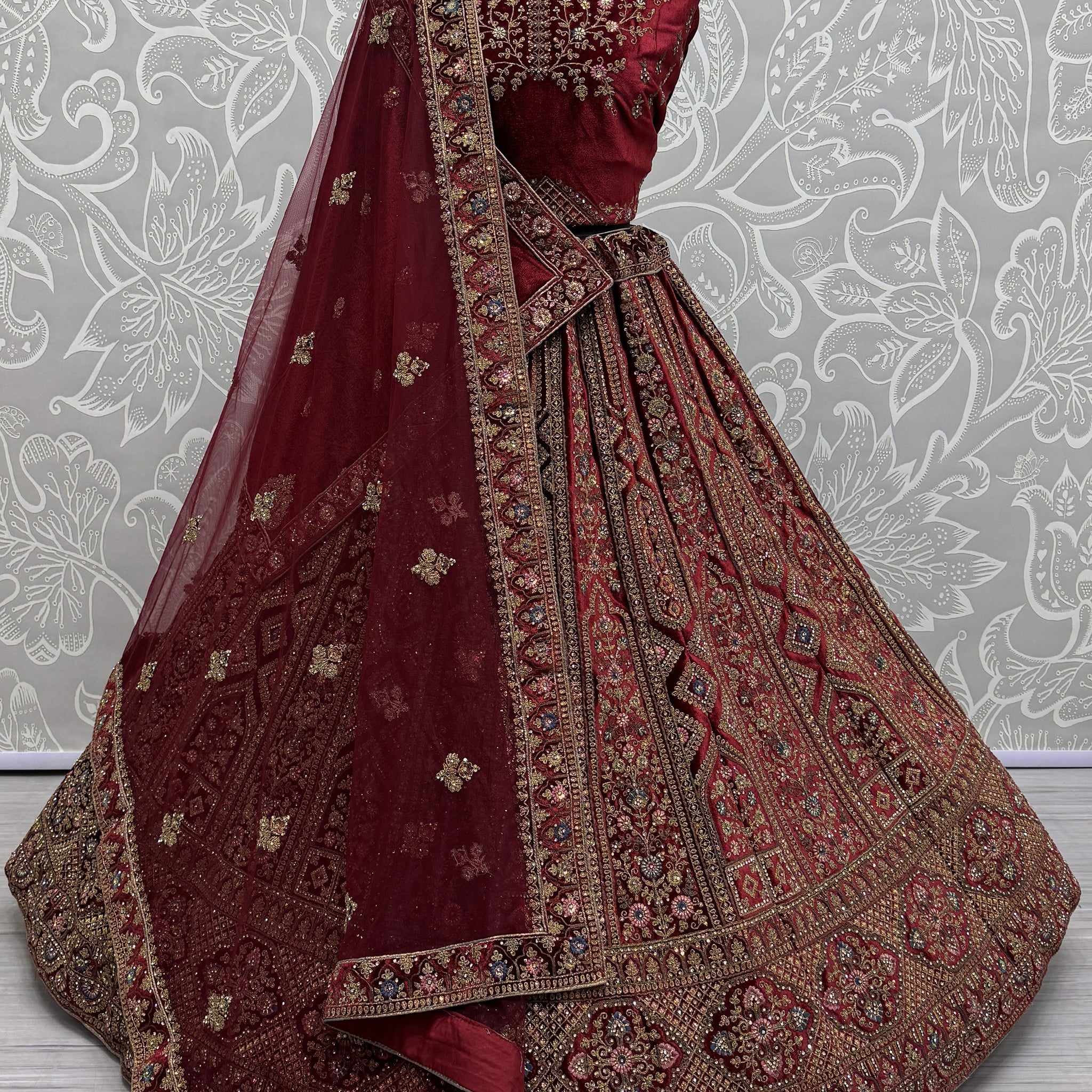 Cute Maroon Dori Work Velvet Bridal Lehenga Choli With Double Dupatta