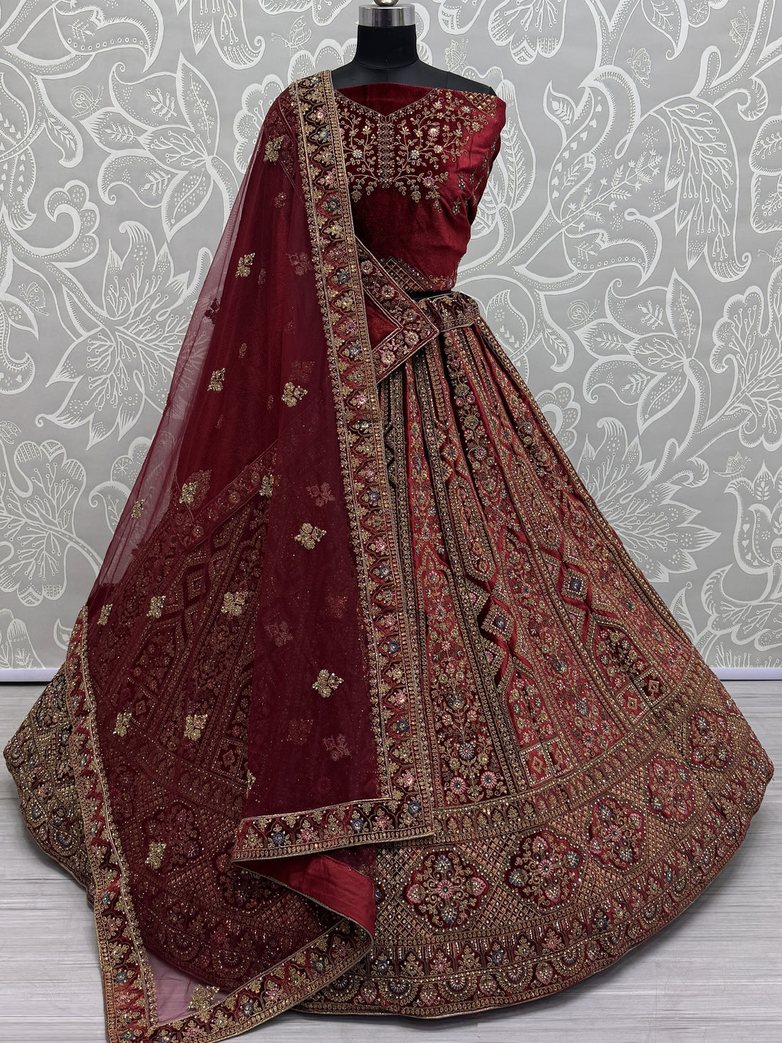 Cute Maroon Dori Work Velvet Bridal Lehenga Choli With Double Dupatta