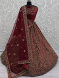 Cute Maroon Dori Work Velvet Bridal Lehenga Choli With Double Dupatta