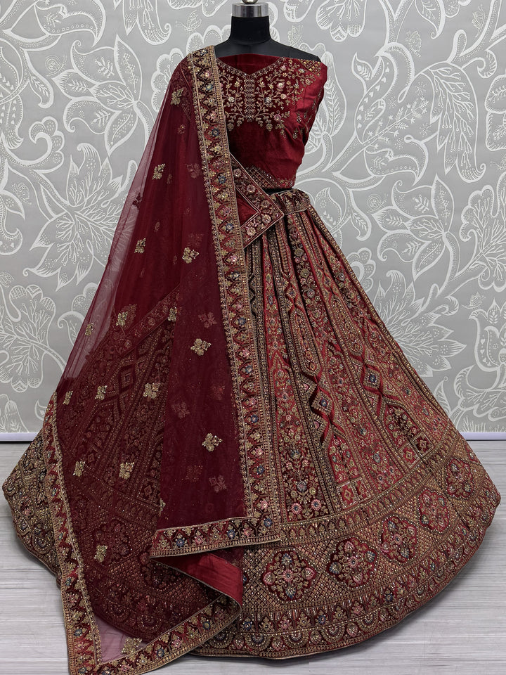 Cute Maroon Dori Work Velvet Bridal Lehenga Choli With Double Dupatta