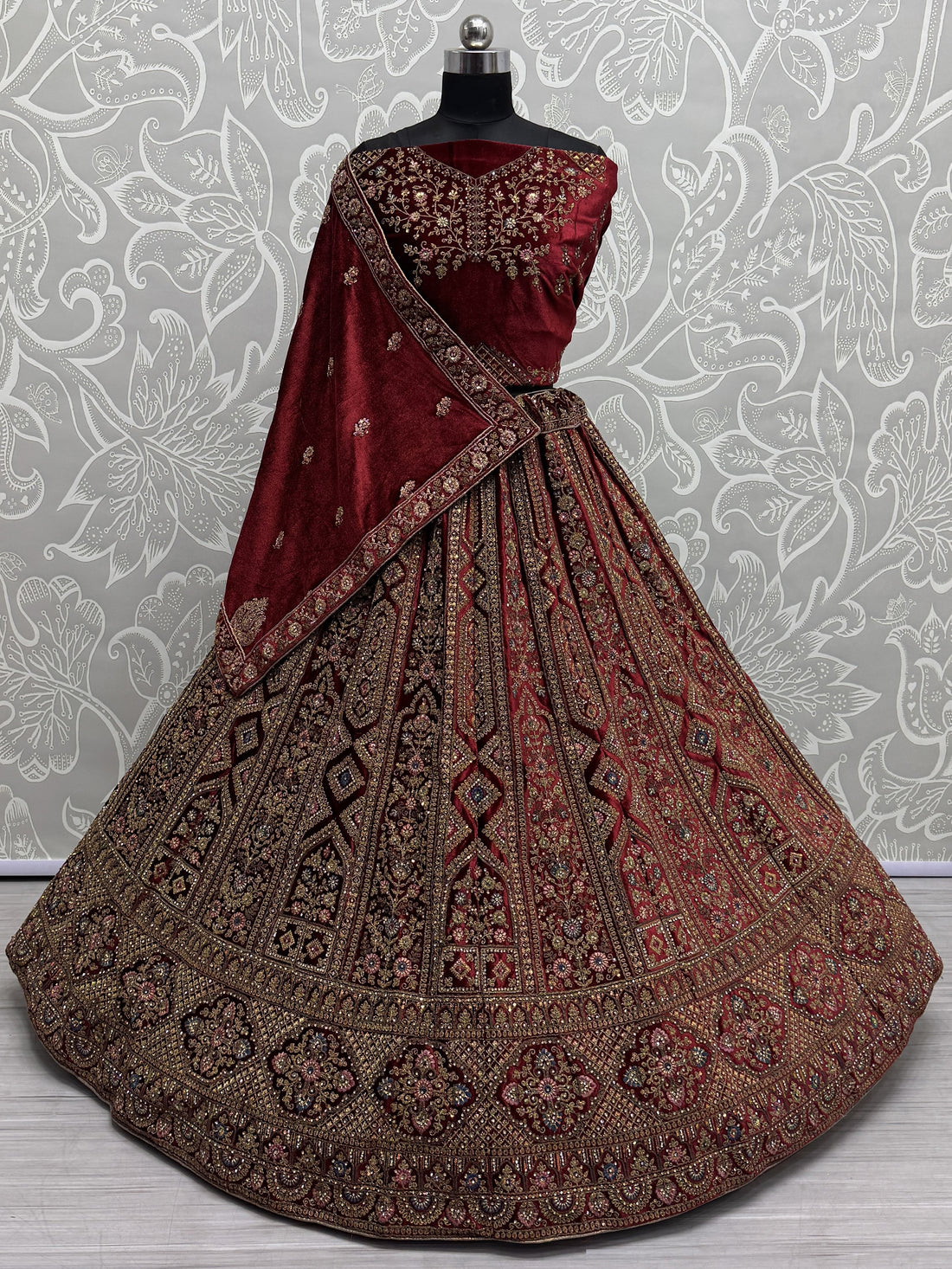 Cute Maroon Dori Work Velvet Bridal Lehenga Choli With Double Dupatta