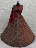 Cute Maroon Dori Work Velvet Bridal Lehenga Choli With Double Dupatta