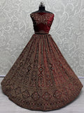 Cute Maroon Dori Work Velvet Bridal Lehenga Choli With Double Dupatta