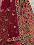 Cute Maroon Dori Work Velvet Bridal Lehenga Choli With Double Dupatta