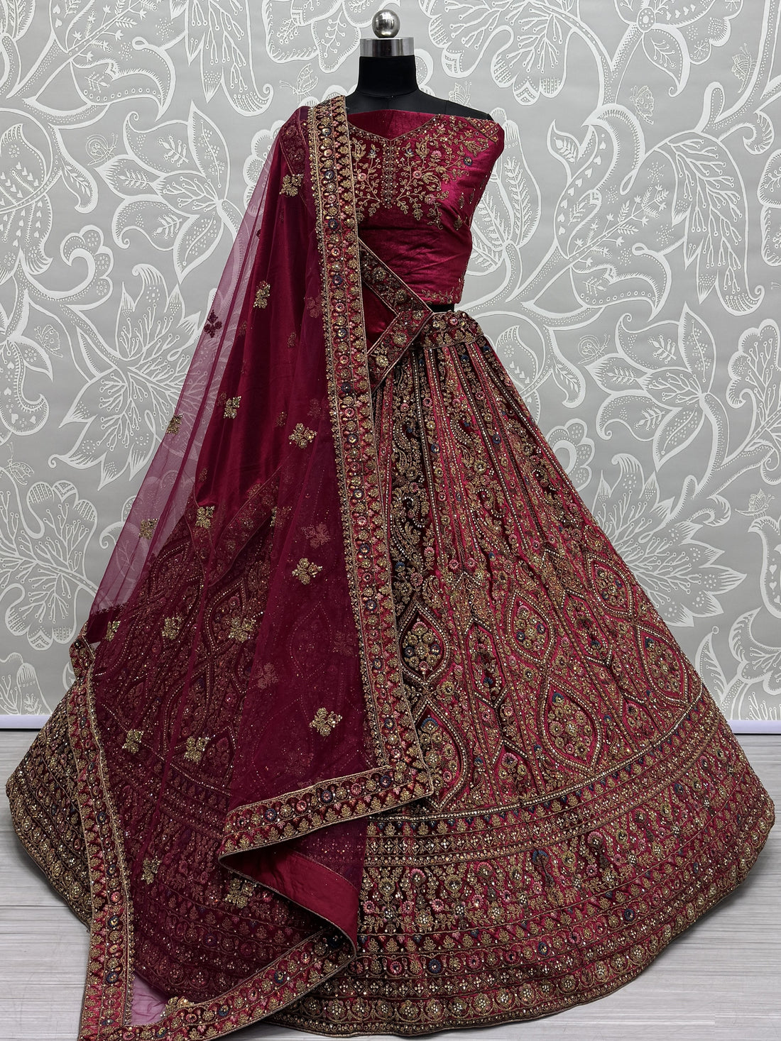 Fabulous Pink Velvet Bridal Lehenga Choli With Double Dupatta