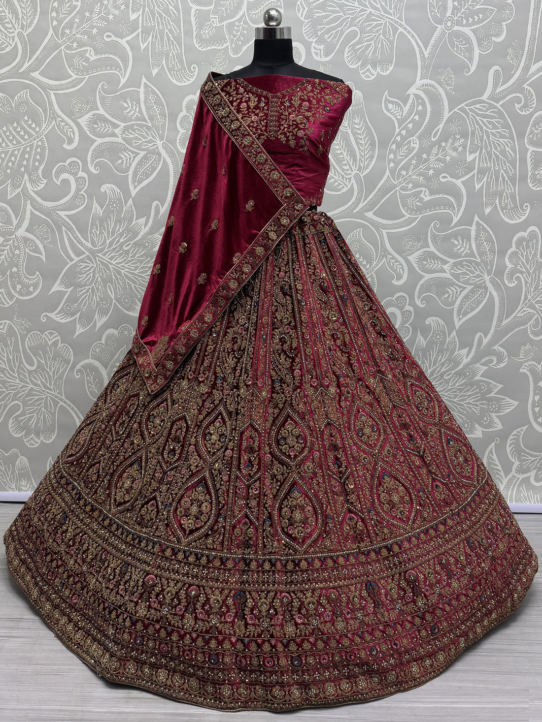 Fabulous Pink Velvet Bridal Lehenga Choli With Double Dupatta