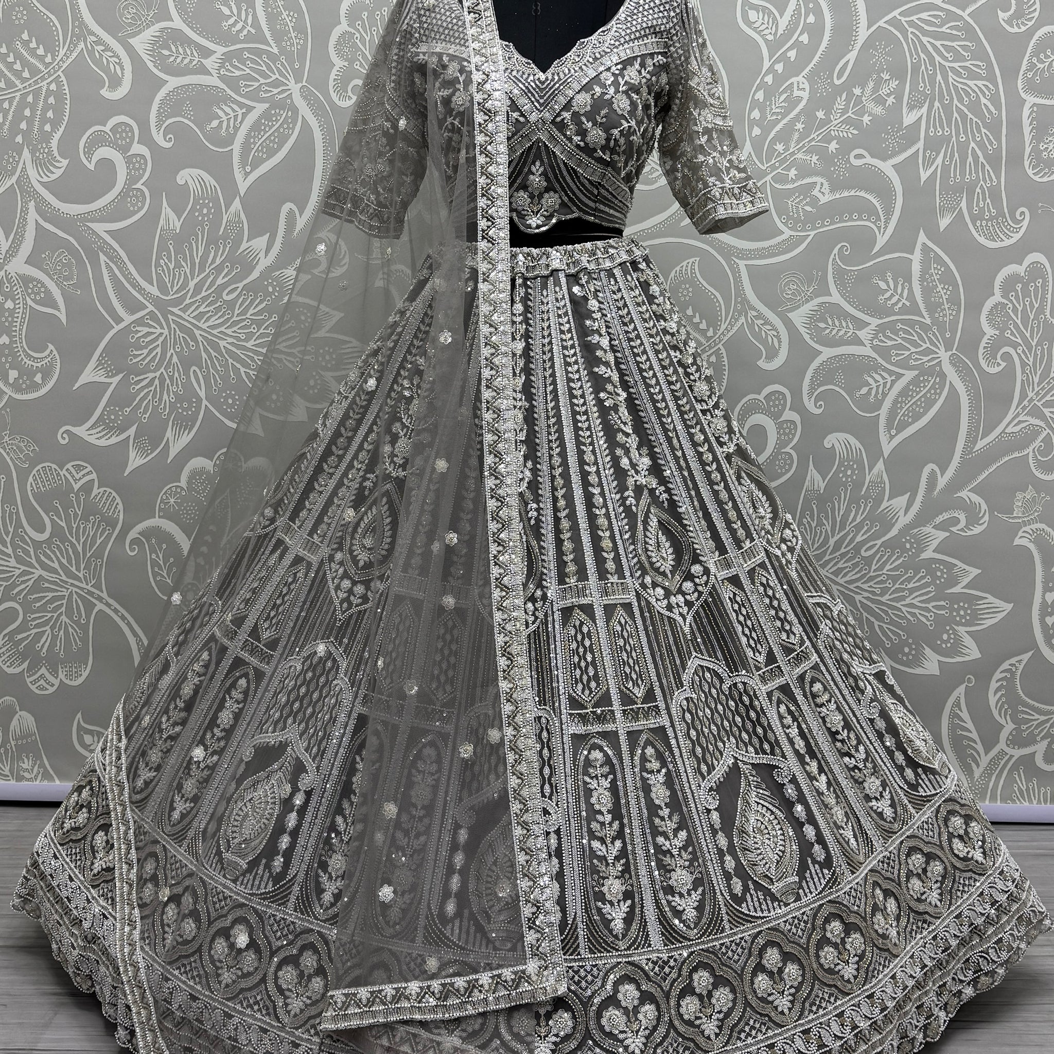 Charming Grey Embroidered Net Bridesmaid Lehenga Choli With Dupatta