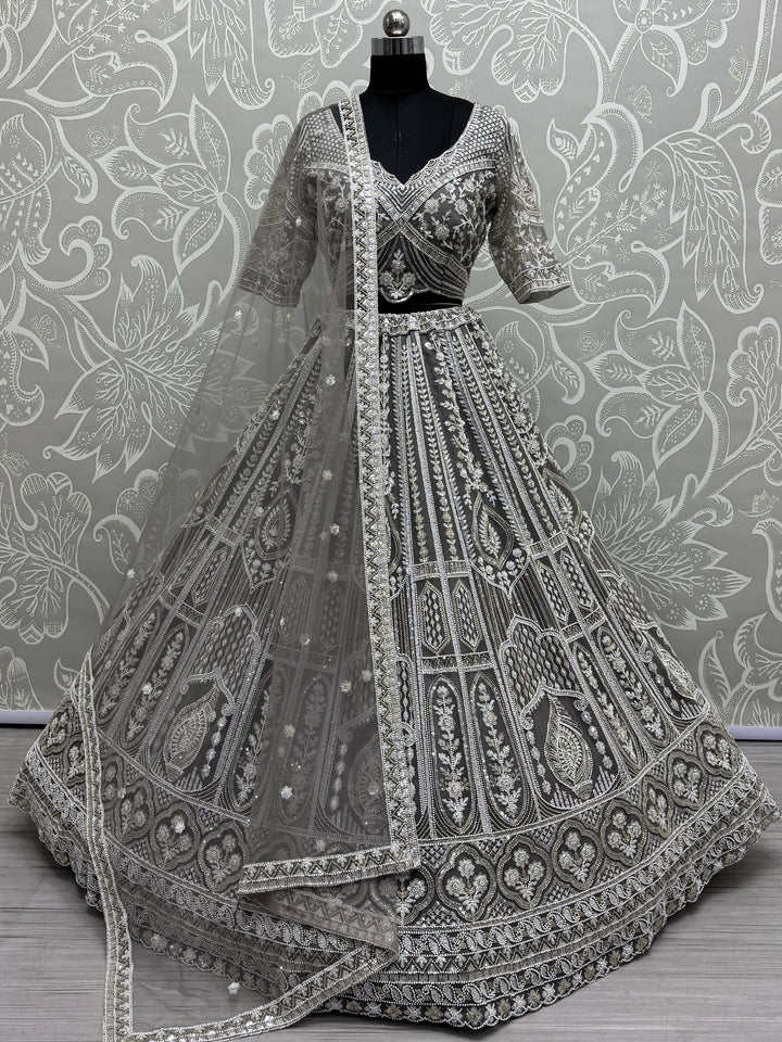 Charming Grey Embroidered Net Bridesmaid Lehenga Choli With Dupatta