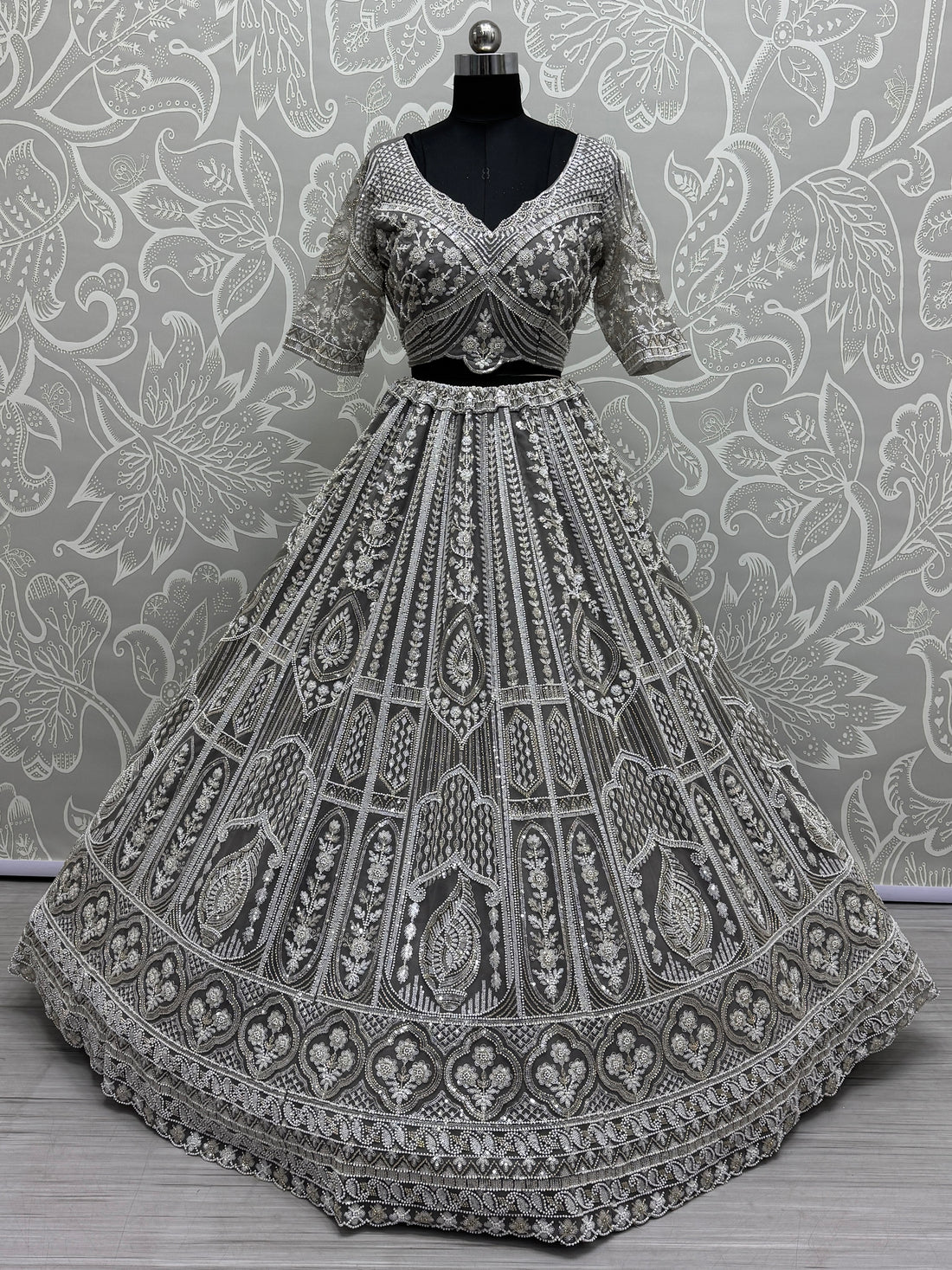 Charming Grey Embroidered Net Bridesmaid Lehenga Choli With Dupatta