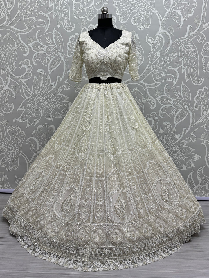 Attractive White Sequins Net Party Wear Lehenga Choli With Dupatta