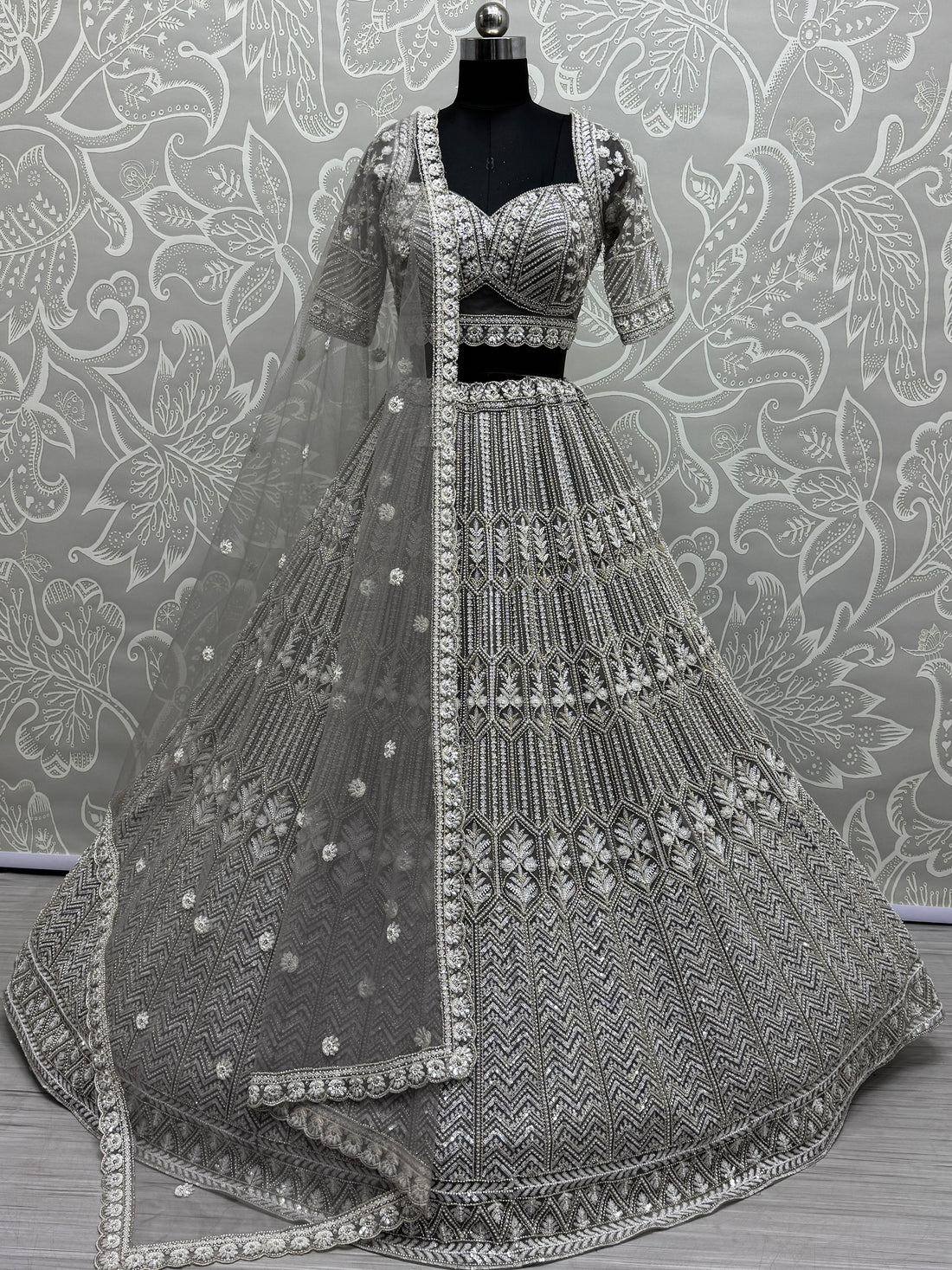 Wonderful Grey Hand Work Net Designer Lehenga Choli With Dupatta