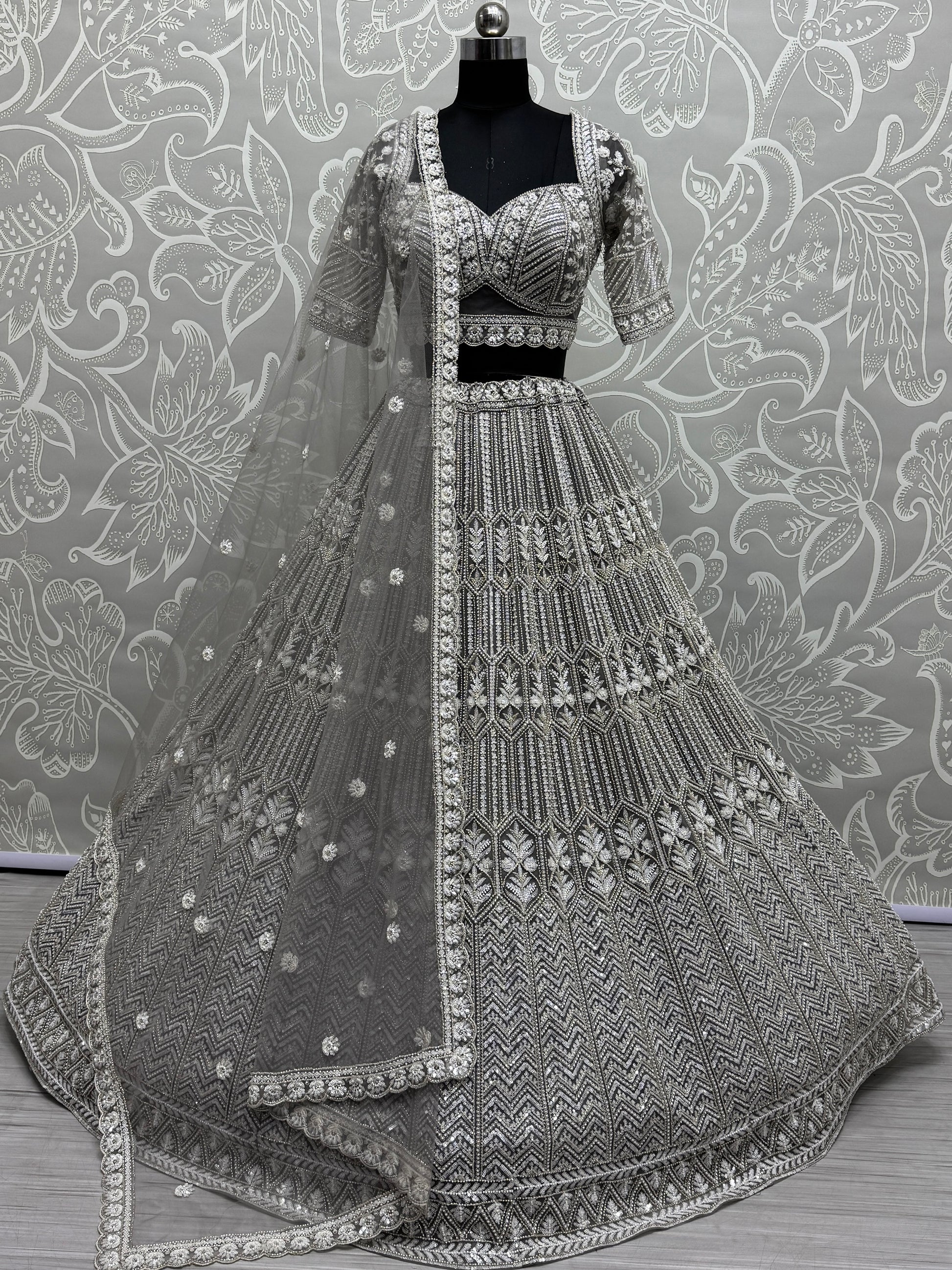 Wonderful Grey Hand Work Net Designer Lehenga Choli With Dupatta