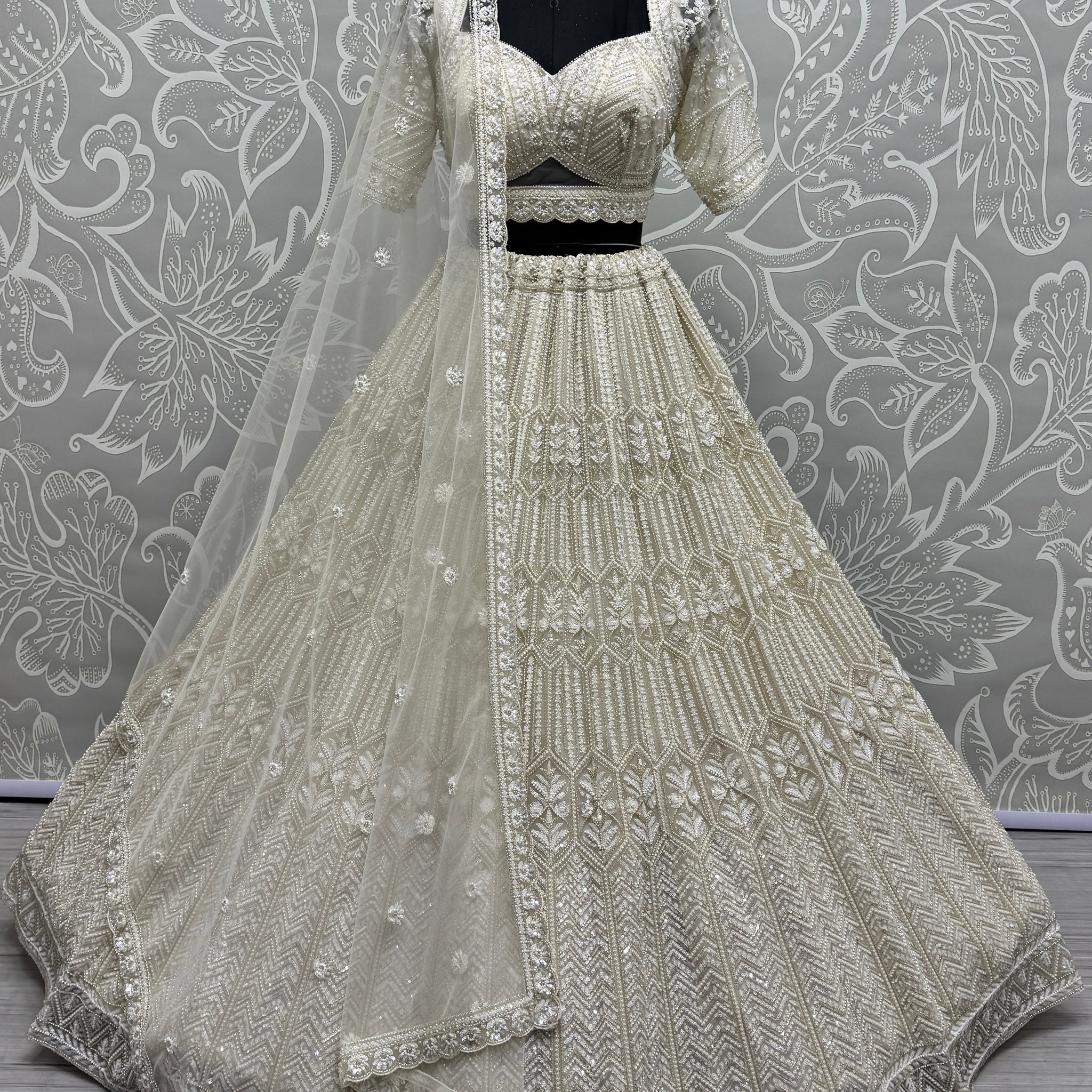Great White Sequins Net Bridesmaid Lehenga Choli With Dupatta