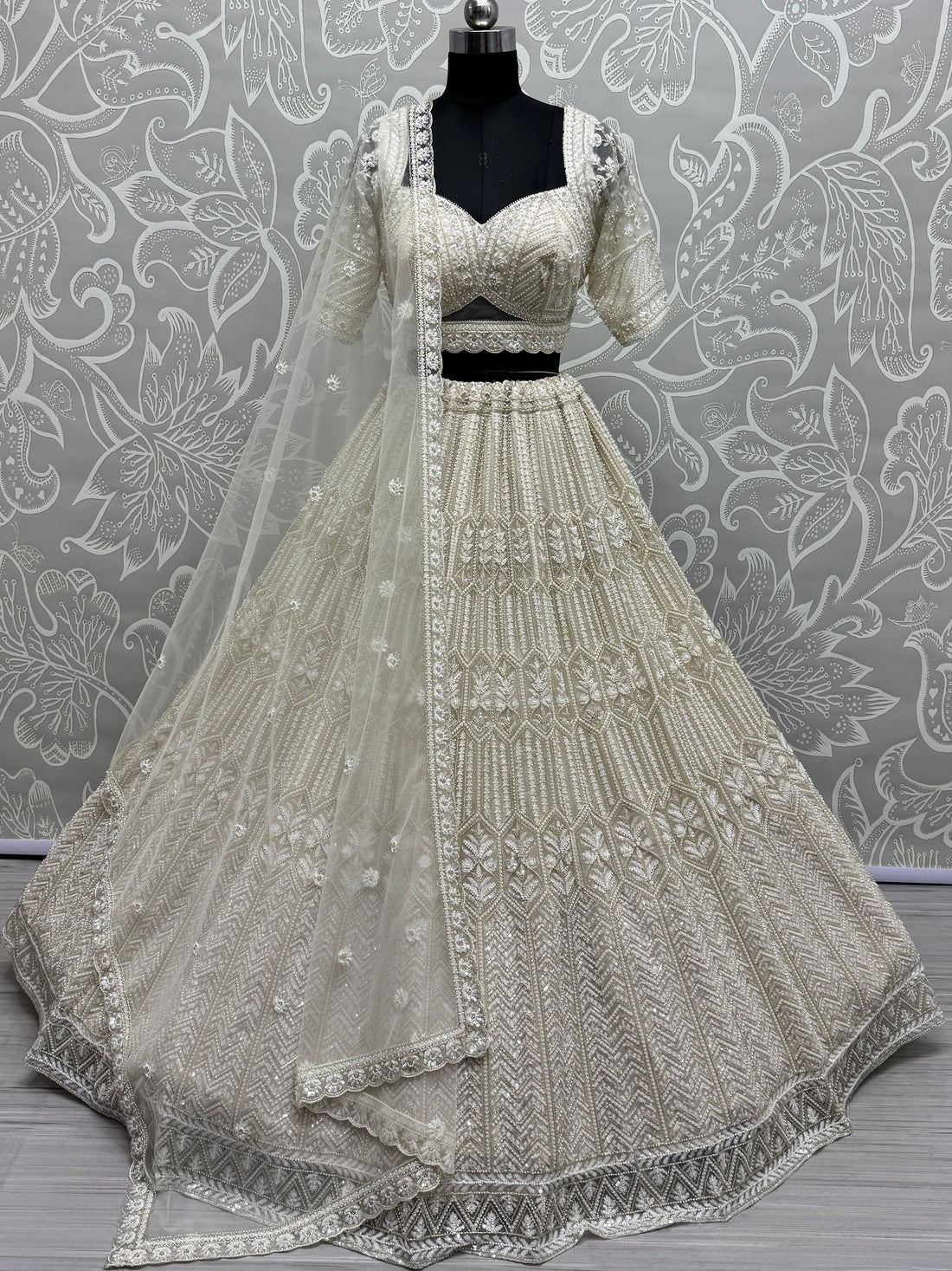 Great White Sequins Net Bridesmaid Lehenga Choli With Dupatta