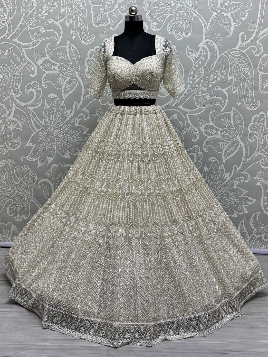 Great White Sequins Net Bridesmaid Lehenga Choli With Dupatta