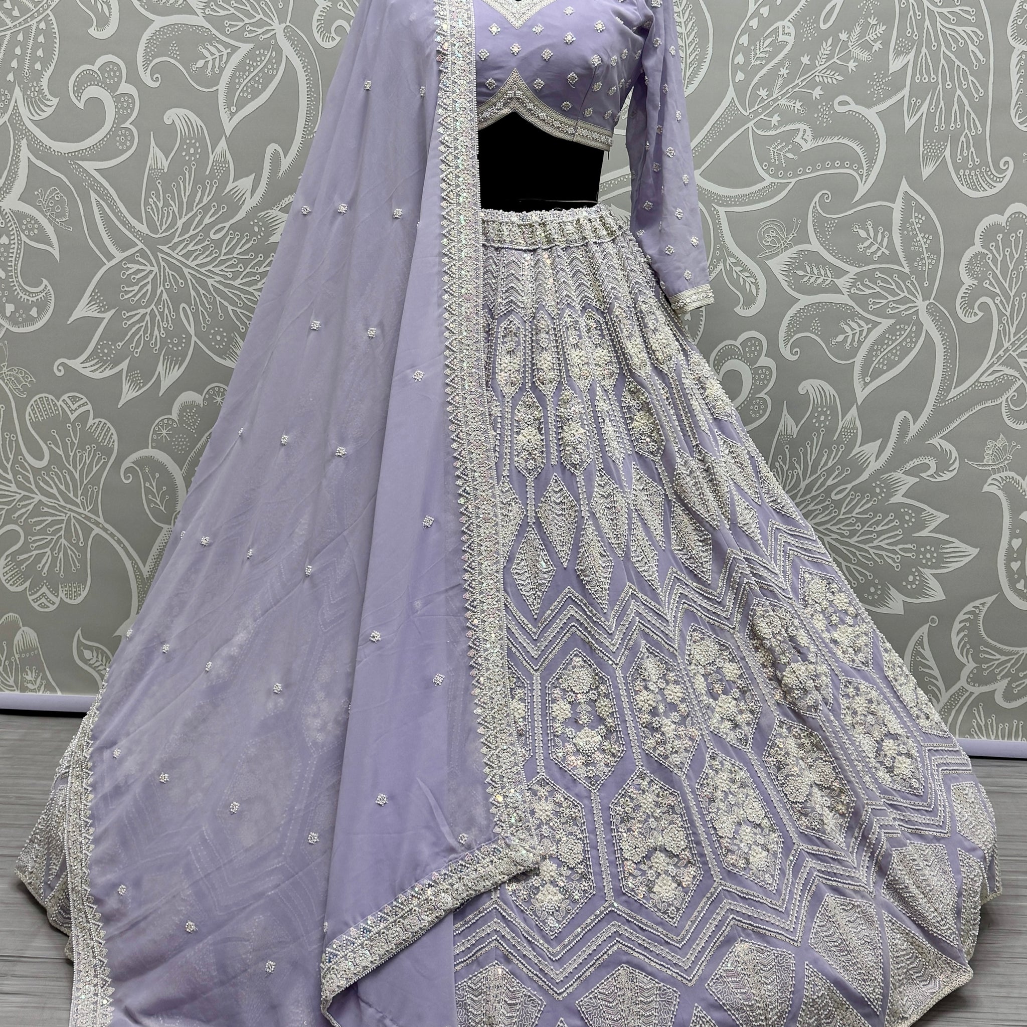 Lovely Lavender Thread Work Georgette Wedding Lehenga Choli
