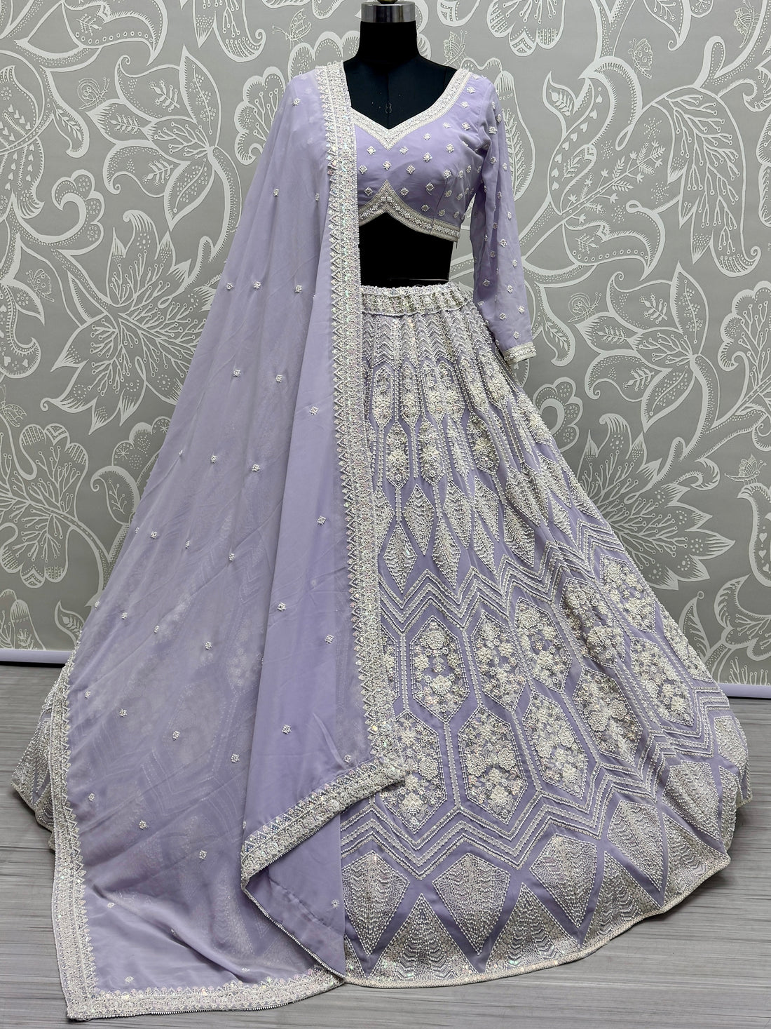 Lovely Lavender Thread Work Georgette Wedding Lehenga Choli