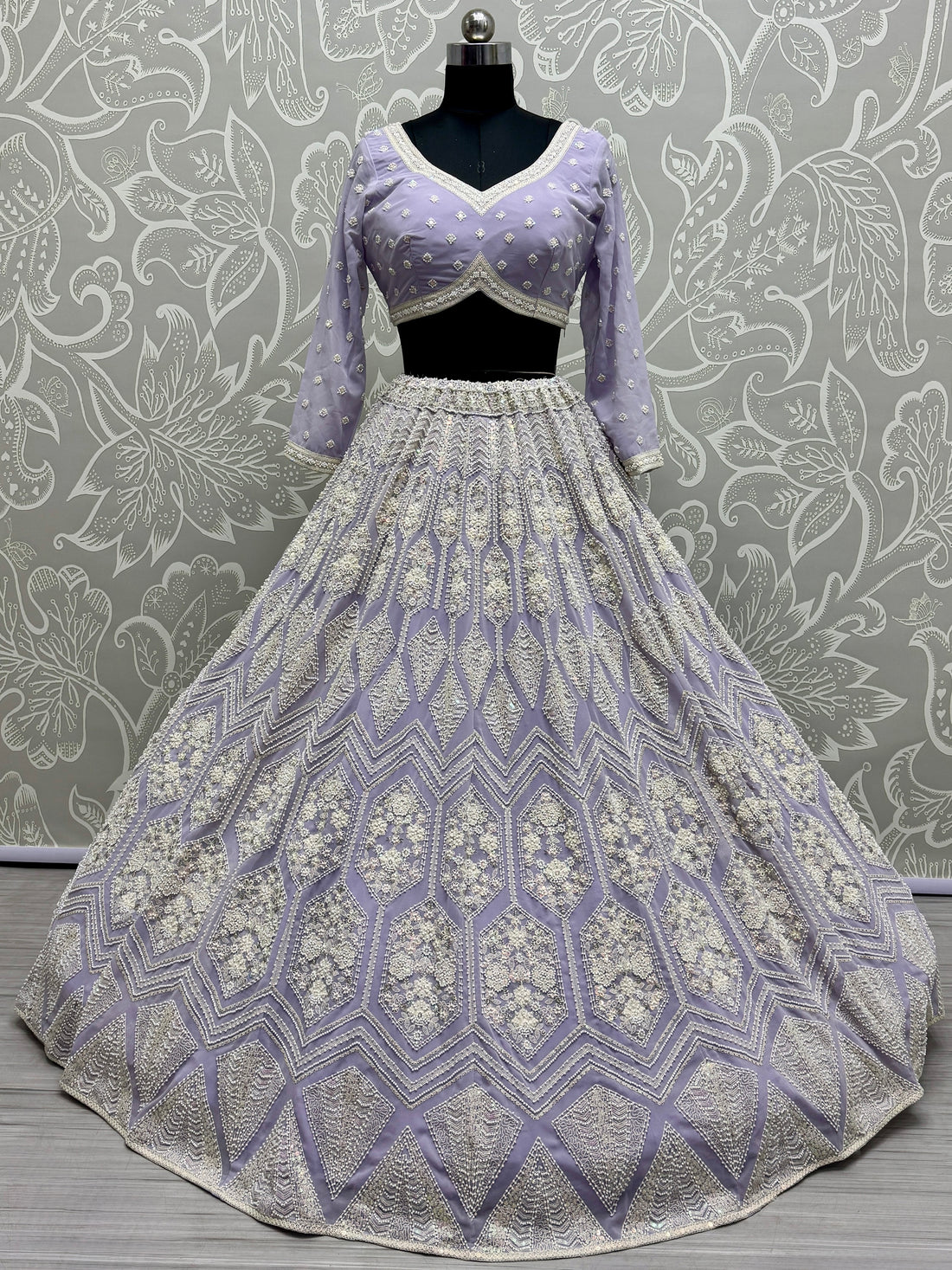 Lovely Lavender Thread Work Georgette Wedding Lehenga Choli
