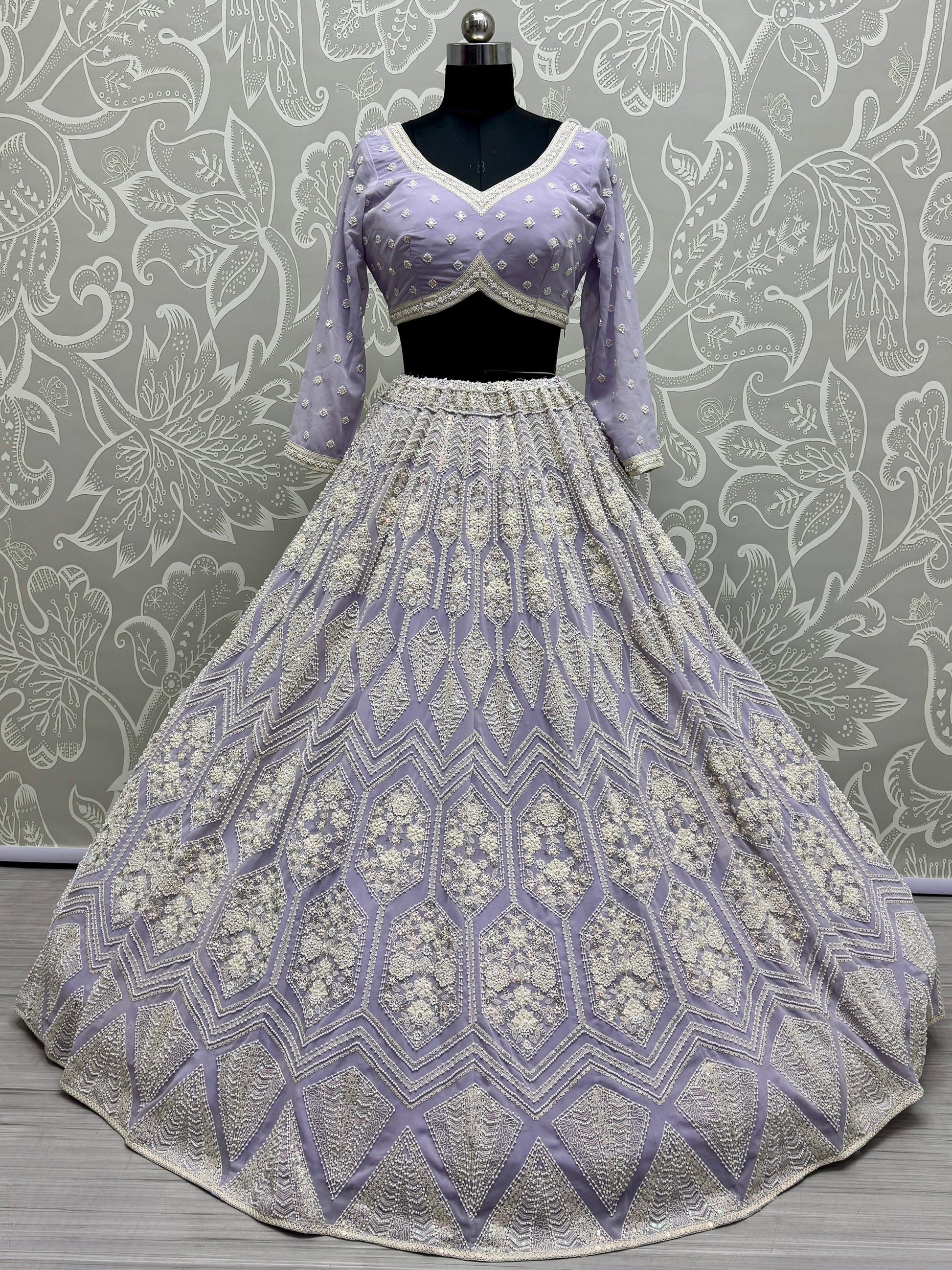 Lovely Lavender Thread Work Georgette Wedding Lehenga Choli