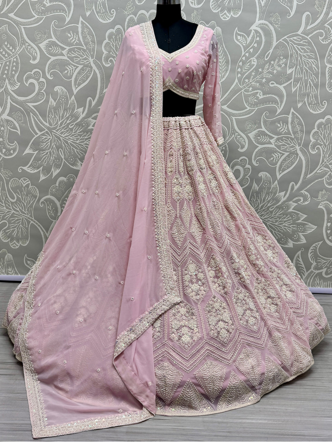 Gorgeous Pink Thread Work Georgette Bridesmaid Lehenga Choli