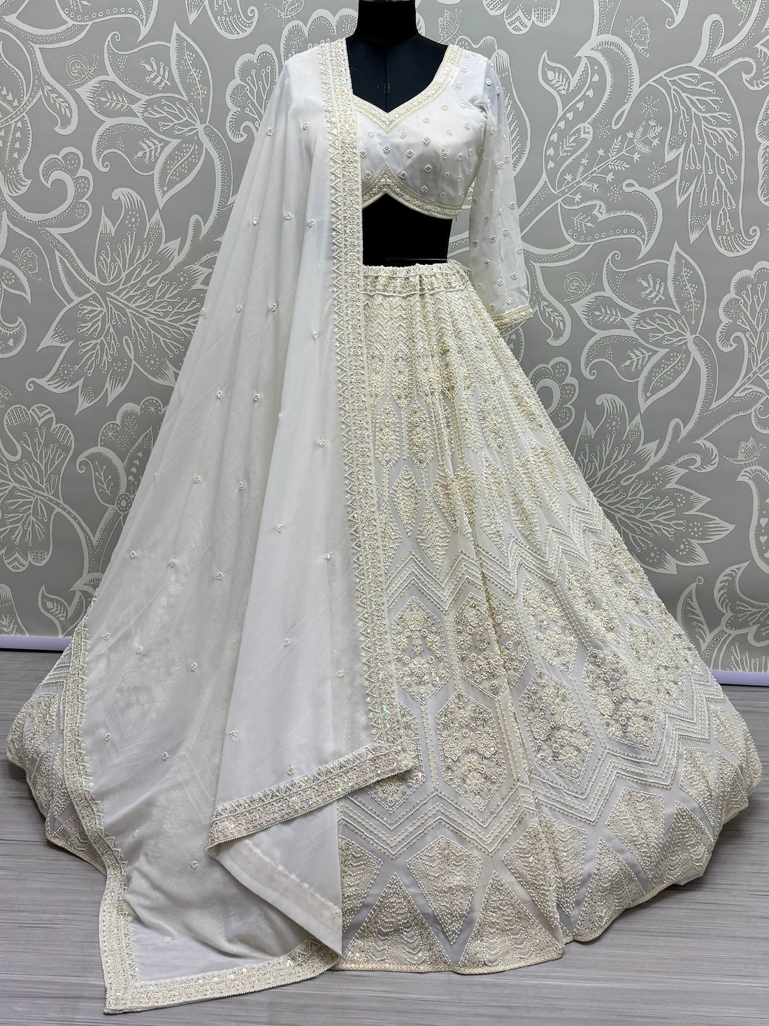 Alluring White Thread Work Georgette Lehenga Choli With Dupatta