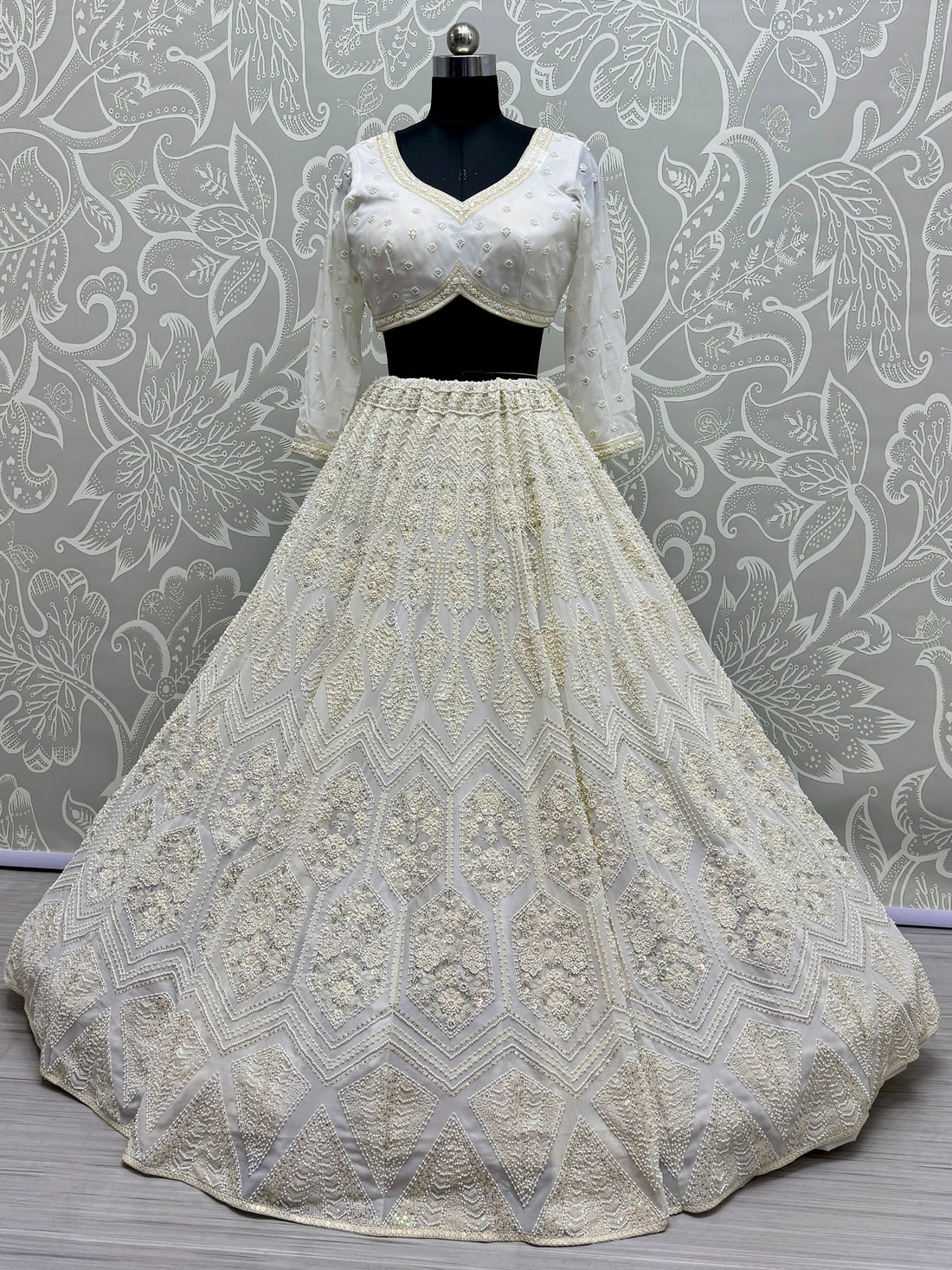 Alluring White Thread Work Georgette Lehenga Choli With Dupatta