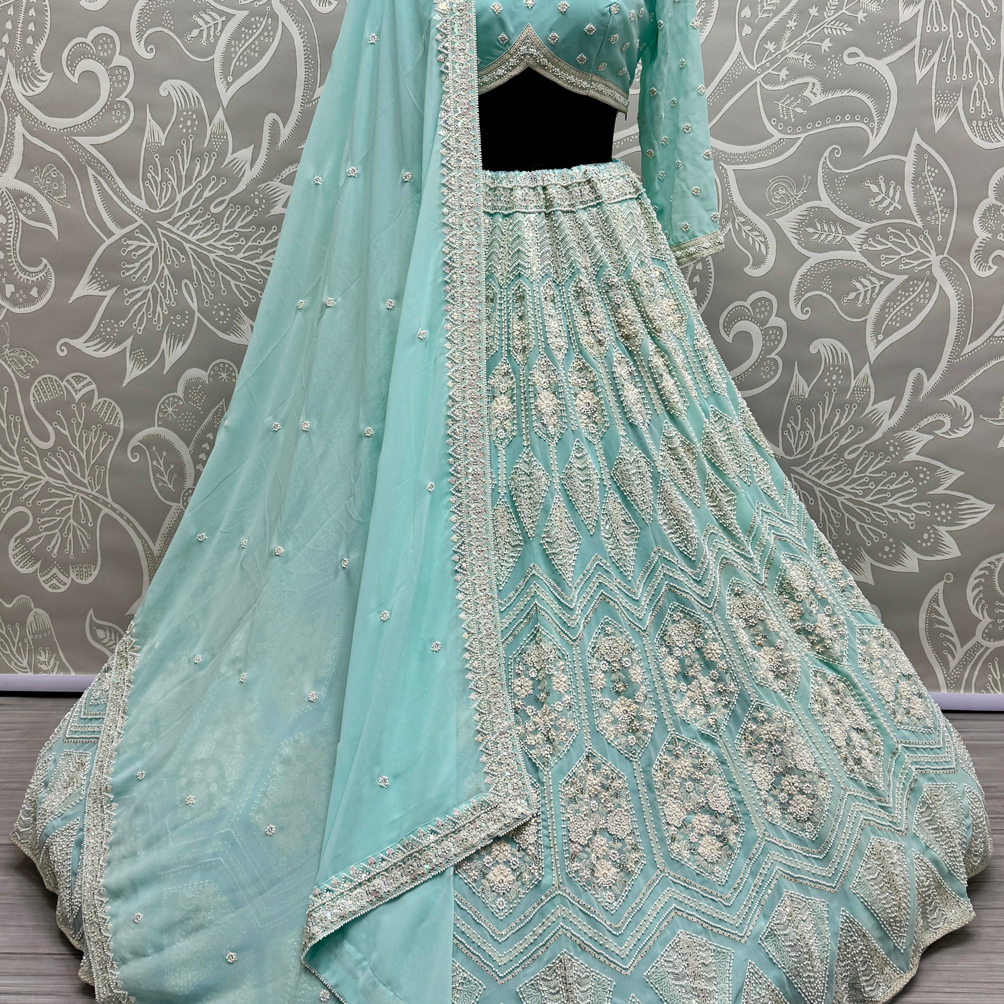 Magnetic Sky Blue Thread Work Georgette Bridesmaid Lehenga Choli