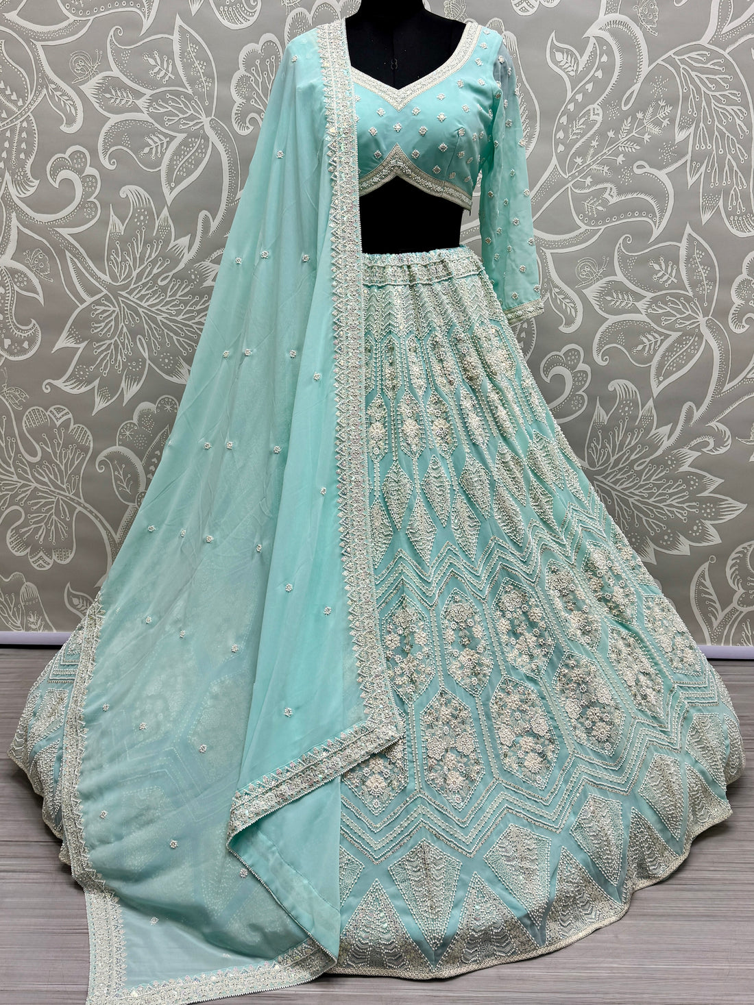 Magnetic Sky Blue Thread Work Georgette Bridesmaid Lehenga Choli