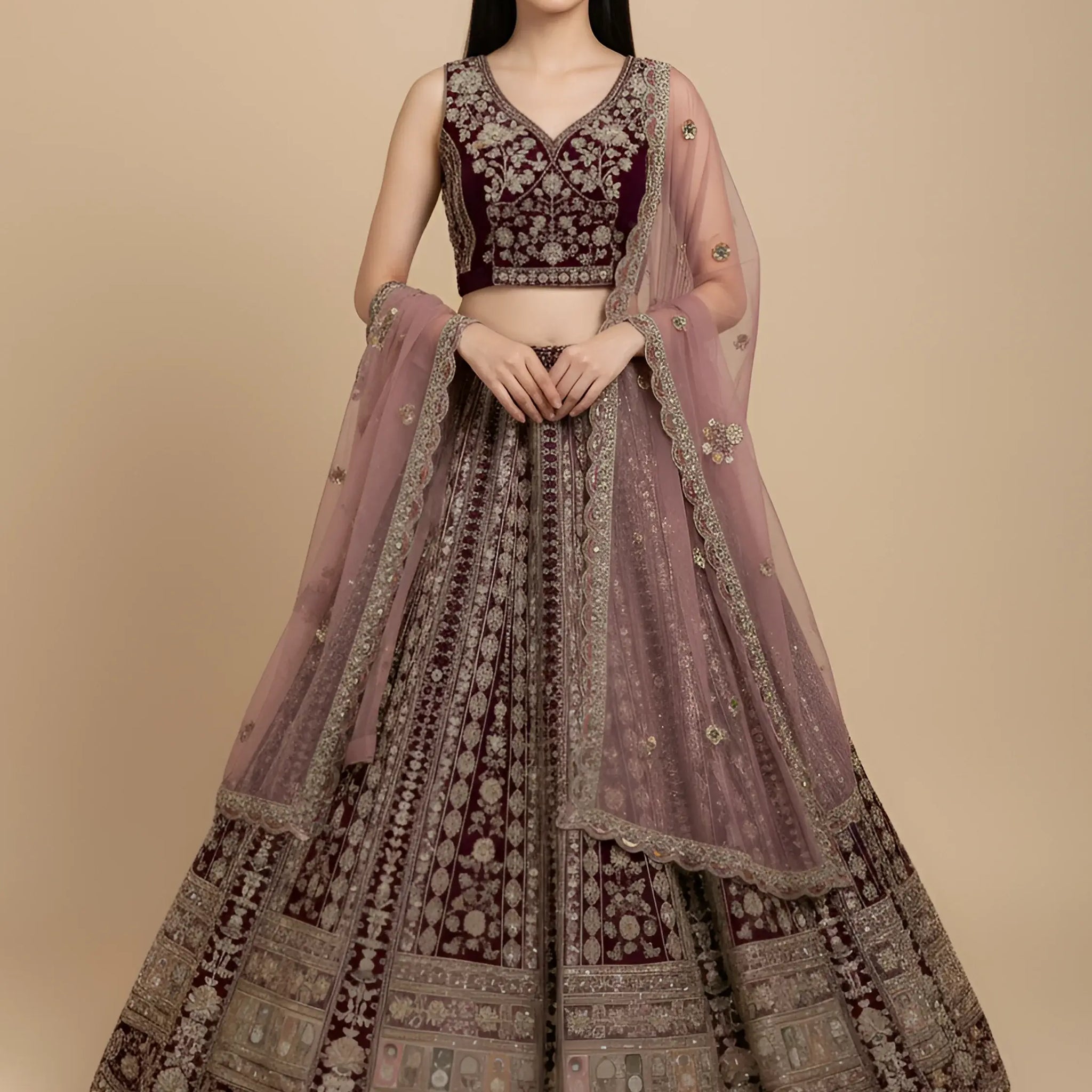 Captivating Maroon Multi Thread Work Net Bridesmaid Lehenga Choli With Dupatta